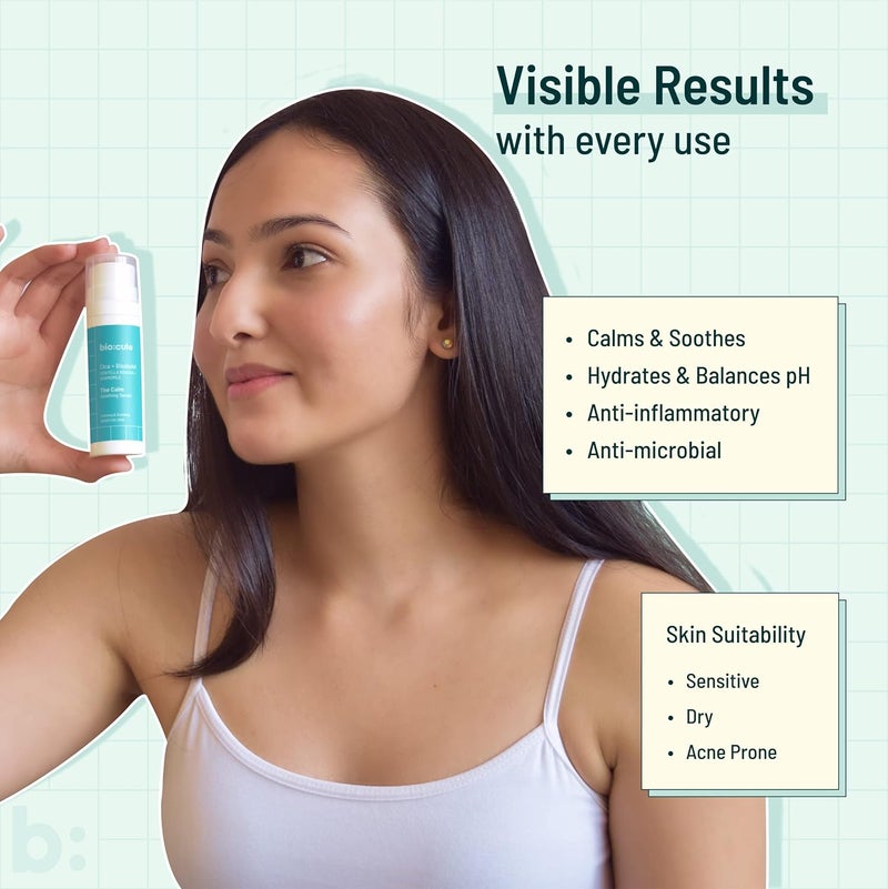 biocule The Calm Soothing Serum Cica  Bisabolol for Skin Soothing  Calming Enriched with Aloe Vera Cucumber  Green Tea Face Serum to Reduce Skin Inflammation  Redness Sensitive Skin 30ml - Image 3