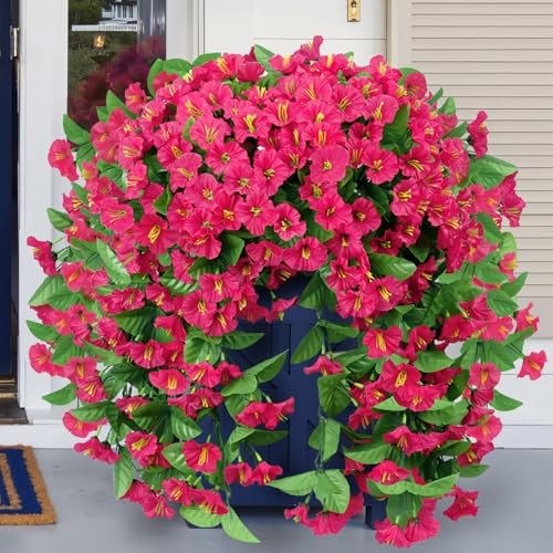 Bassion Artificial Hanging Flowers for Outdoors, 2 Pack UV Resistant Fake Flowers Rose Red Silk Morning Glory Faux Petunias Hanging Artificial Plants Trailing Vines for Home Porch Garden Planter Decor - Image 1