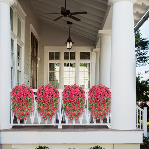 Bassion Artificial Hanging Flowers for Outdoors, 2 Pack UV Resistant Fake Flowers Rose Red Silk Morning Glory Faux Petunias Hanging Artificial Plants Trailing Vines for Home Porch Garden Planter Decor - Image 5