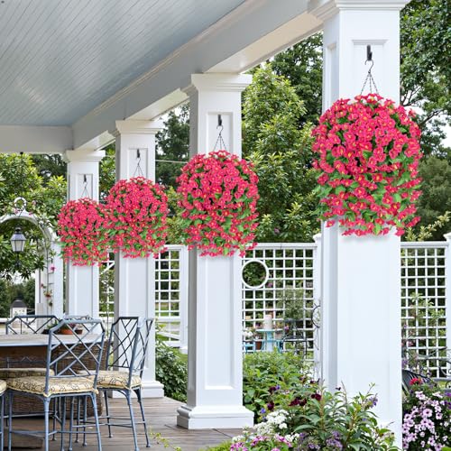 Bassion Artificial Hanging Flowers for Outdoors, 2 Pack UV Resistant Fake Flowers Rose Red Silk Morning Glory Faux Petunias Hanging Artificial Plants Trailing Vines for Home Porch Garden Planter Decor - Image 4