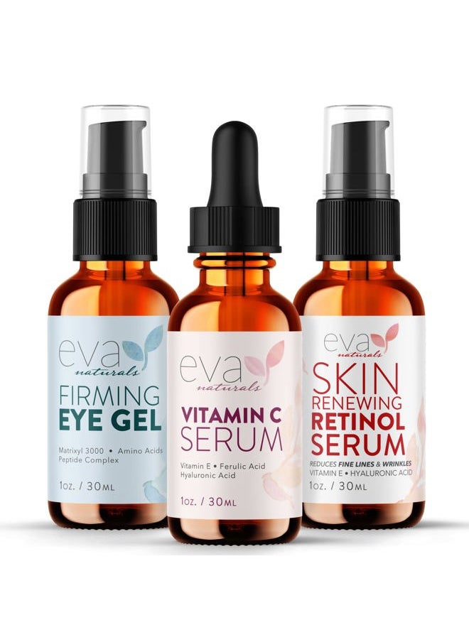 Eva Naturals - Facelift in a Bottle - 3-in-1 Anti-Aging Set with Retinol Serum, Vitamin C Serum and Eye Gel - Formulated to Reduce Wrinkles, Fade Dark Spots and Treat Under-Eye Bags - Premium Quality - Image 1