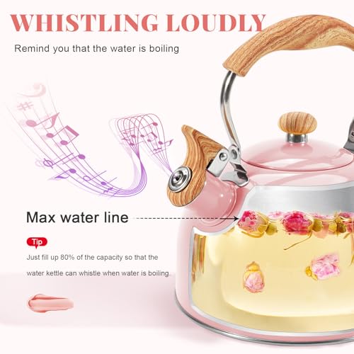 GGC Tea Kettle for Stove Top, 85OZ/2.6QT Whistling Tea Kettles for Boiling Water Milik or Coffee, Pink Stainless Steel Tea Pots with Wood Pattern Folding Handle, Thumb Design Control Kettle Outlet - Image 2