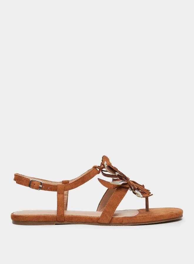Styli Tan Flat Sandals with Floral Detail
