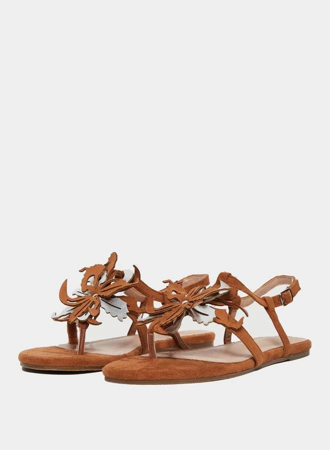 Styli Tan Flat Sandals with Floral Detail