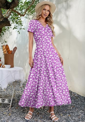 AUSELILY Maxi Dresses for Women Ankle Length Floral Print Beach Long Flowy Dress with Pockets Purple Little Flower M - Image 3