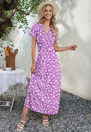 AUSELILY Maxi Dresses for Women Ankle Length Floral Print Beach Long Flowy Dress with Pockets Purple Little Flower M - Image 4