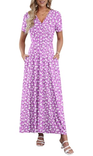 AUSELILY Maxi Dresses for Women Ankle Length Floral Print Beach Long Flowy Dress with Pockets Purple Little Flower M - Image 1