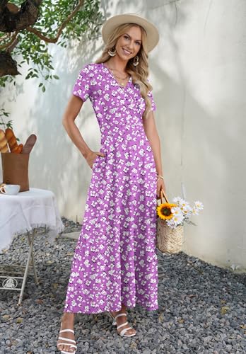 AUSELILY Maxi Dresses for Women Ankle Length Floral Print Beach Long Flowy Dress with Pockets Purple Little Flower M - Image 5