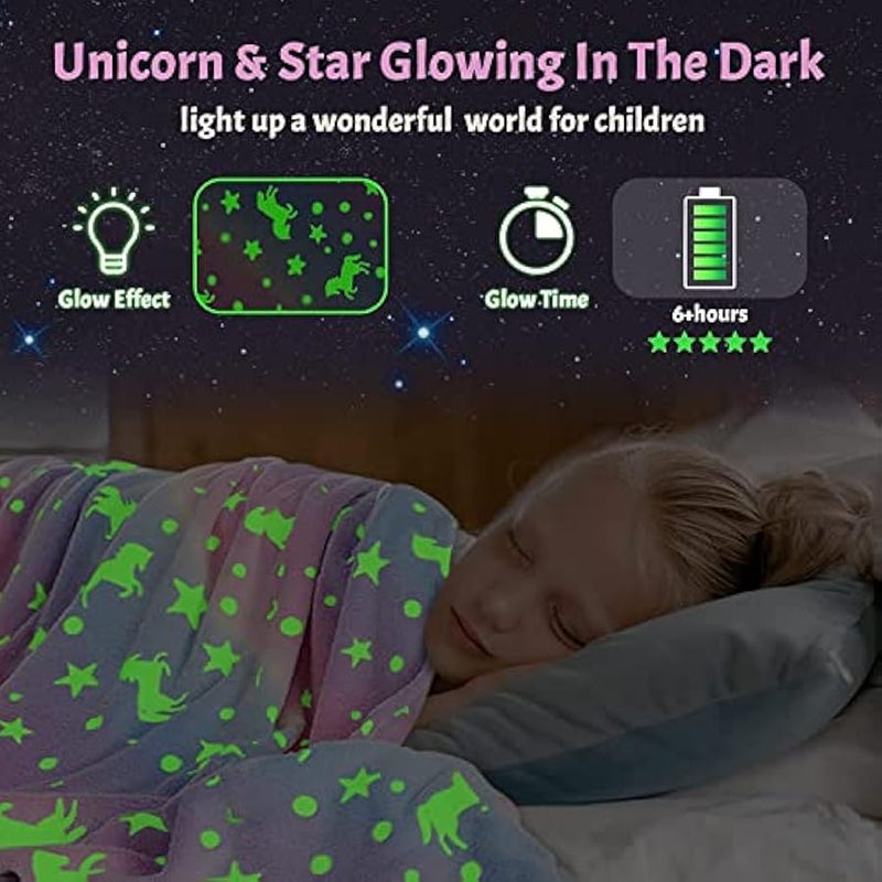 إسكدنيا بطانية مخصصة تتوهج في الظلام للبنات، 60 × 40، بطانية صوف قطيفة ناعمة ومريحة للغاية، هدايا عيد ميلاد للبنات والاولاد، بطانية اطفال بالوان قوس قزح، للاطفال من سن 3-12 سنة (يونيكورن) - Image 2