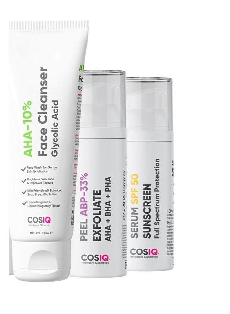 CosIQ Cos-IQ Complete Kit for Fighting Hyperpigmentation, Glycolic Acid Face Cleanser 100ml, SPF 50 Sunscreen 30ml, Vitamin C-8% Serum 30ml, ABP-33% Strong Exfoliating 30ml, Niacinamide Vitamin B3-20% Serum, 30ml - Image 4