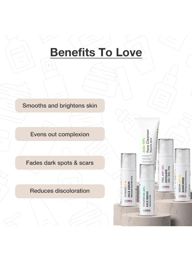 CosIQ Cos-IQ Complete Kit for Fighting Hyperpigmentation, Glycolic Acid Face Cleanser 100ml, SPF 50 Sunscreen 30ml, Vitamin C-8% Serum 30ml, ABP-33% Strong Exfoliating 30ml, Niacinamide Vitamin B3-20% Serum, 30ml - Image 2