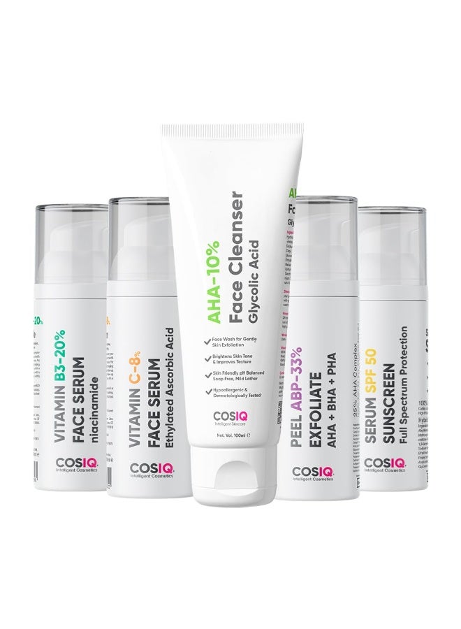 CosIQ Cos-IQ Complete Kit for Fighting Hyperpigmentation, Glycolic Acid Face Cleanser 100ml, SPF 50 Sunscreen 30ml, Vitamin C-8% Serum 30ml, ABP-33% Strong Exfoliating 30ml, Niacinamide Vitamin B3-20% Serum, 30ml - Image 1