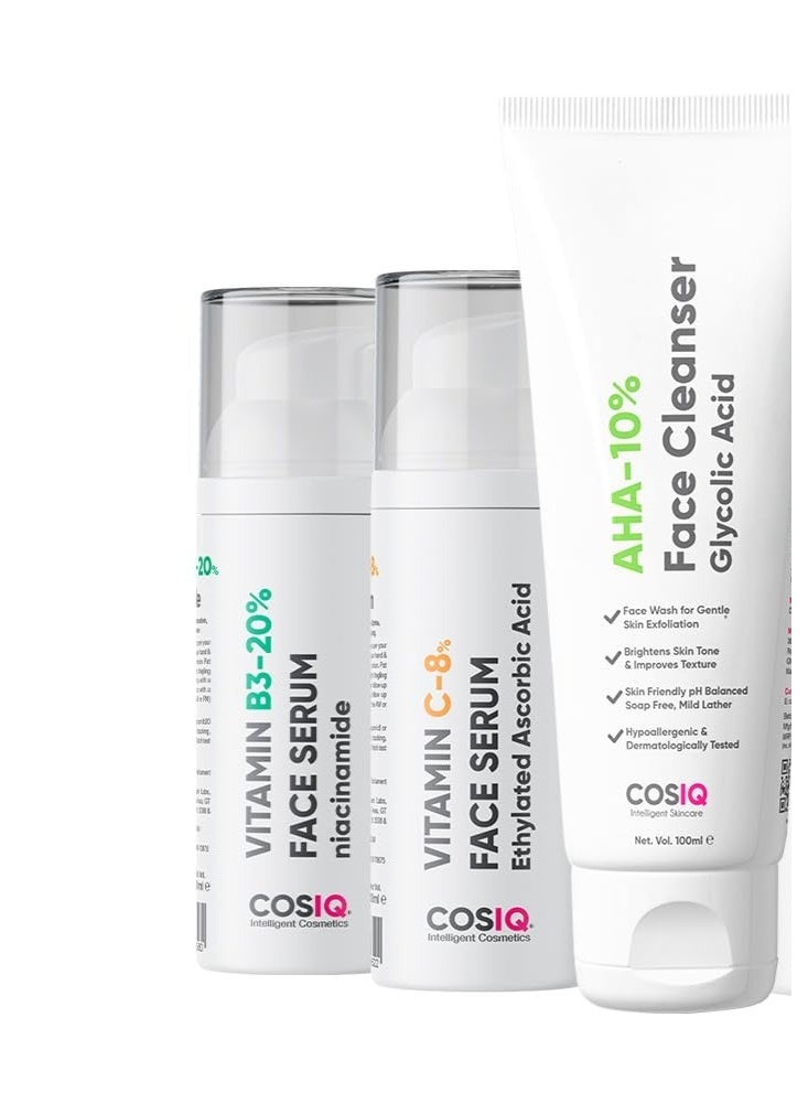 CosIQ Cos-IQ Complete Kit for Fighting Hyperpigmentation, Glycolic Acid Face Cleanser 100ml, SPF 50 Sunscreen 30ml, Vitamin C-8% Serum 30ml, ABP-33% Strong Exfoliating 30ml, Niacinamide Vitamin B3-20% Serum, 30ml - Image 3