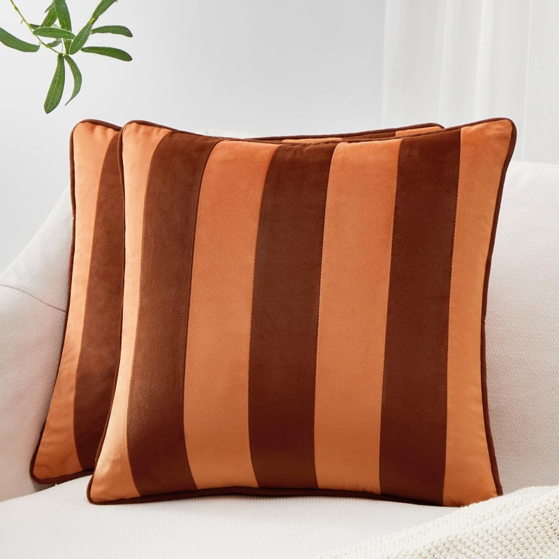 MONDAY MOOSE Decorative Throw Pillow Covers Cushion Cases, Set of 2 Soft Velvet Striped Piping Edge Designs, Pillow Inserts Not Included (18x18 inch, Rust/Coral) - Image 2