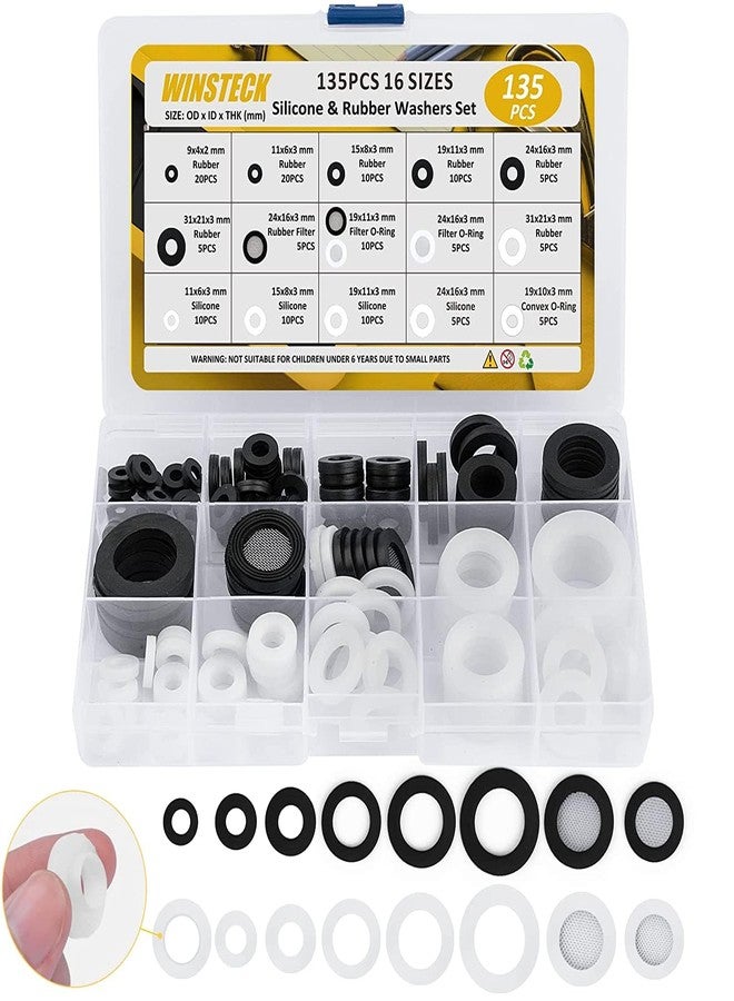 WINSTECK Rubber & Silicone Gasket Washers Kit - 135 PCS, 16 Sizes, Garden Hose Washer with Screen Filter for Seals Repair & Shower Hose/Faucet/Shower Head - Image 1