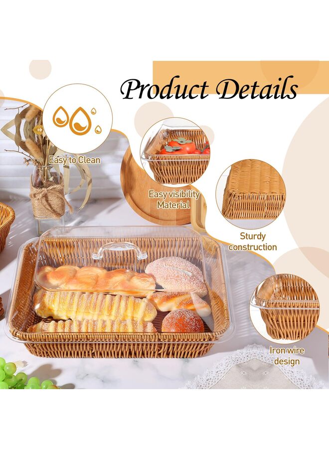 2 Set Wicker Bread Baskets for Serving with Acrylic Lids Woven Imitation Rattan Bread Basket Rectangular with Cover for World Baking Day Fruit Food Serving (9.8''*13.7'') - Image 2