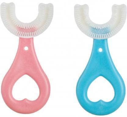 Veki Kids U Shaped Silicone Toothbrush for Manual Whitening (Pink & Blue (combo)) - Image 1