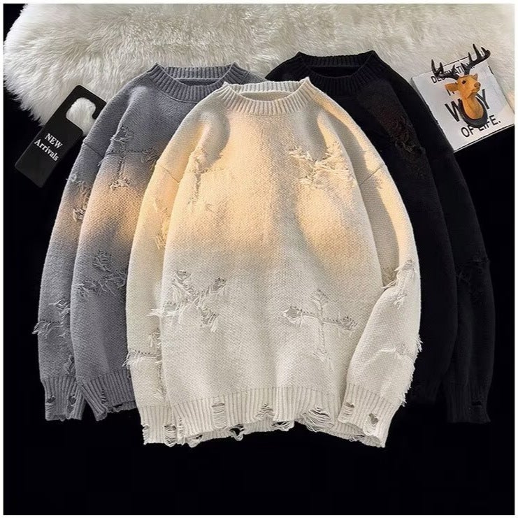 American Retro Round Neck Pullover Loose Plus Size Ripped Sweater Autumn Couple'S Long Sleeve Sweater Top - Image 4