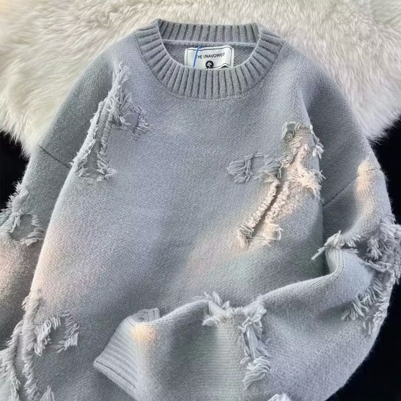 American Retro Round Neck Pullover Loose Plus Size Ripped Sweater Autumn Couple'S Long Sleeve Sweater Top - Image 2