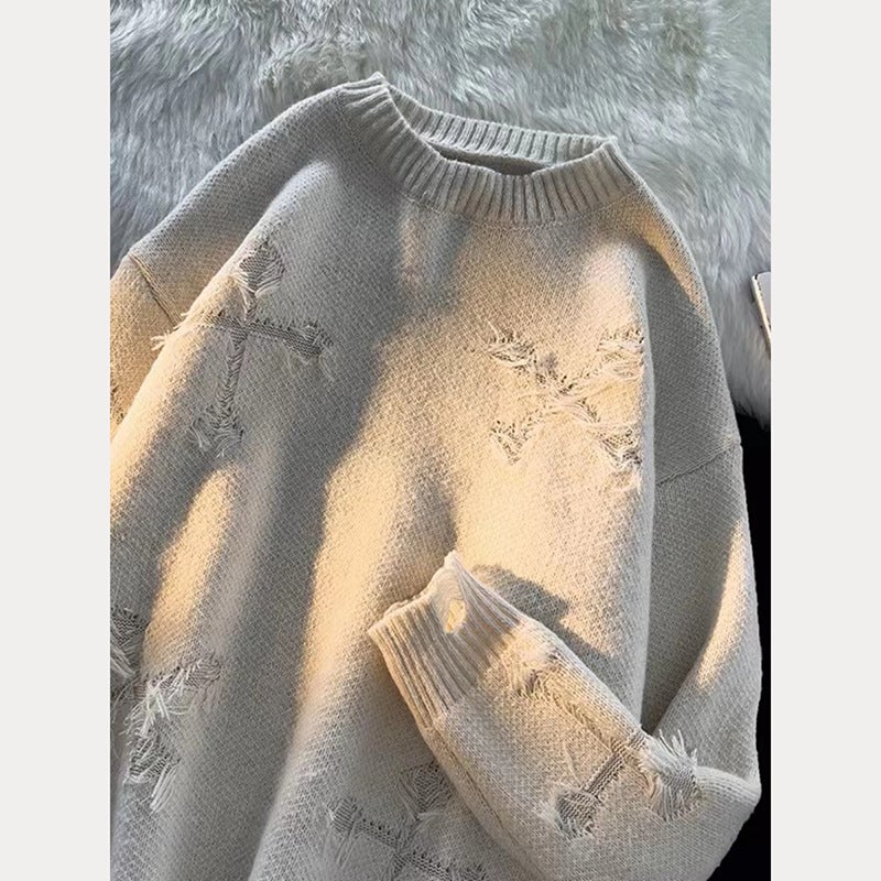 American Retro Round Neck Pullover Loose Plus Size Ripped Sweater Autumn Couple'S Long Sleeve Sweater Top - Image 3