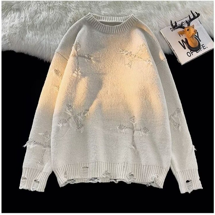 American Retro Round Neck Pullover Loose Plus Size Ripped Sweater Autumn Couple'S Long Sleeve Sweater Top - Image 5