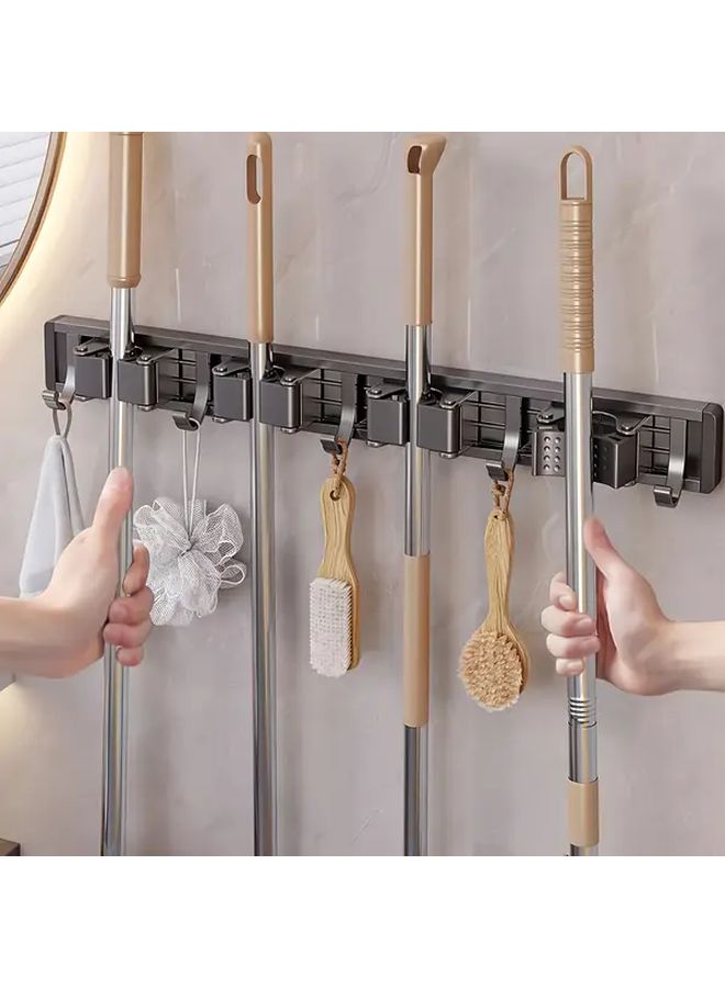 Grey 5 Hooks Adjustable Wall Mounted Mop Broom Holder Storage Rack For Home Kitchen Garage - Image 1