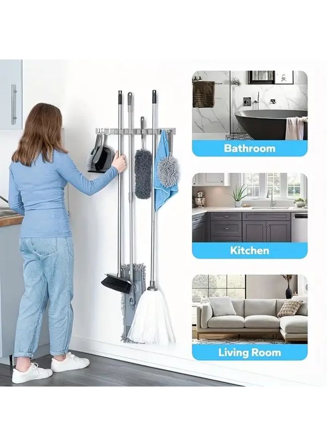 Grey 5 Hooks Adjustable Wall Mounted Mop Broom Holder Storage Rack For Home Kitchen Garage - Image 5