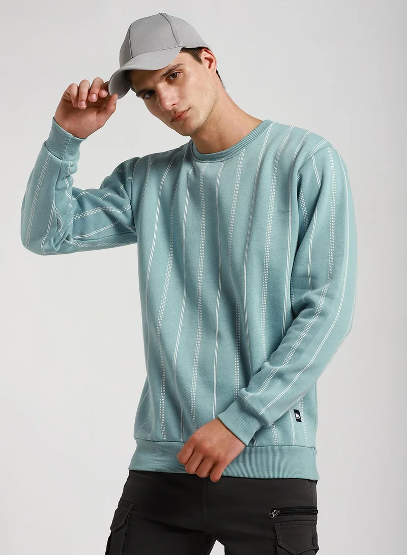 دينيس لينغو Regular Fit Sea Green Striped Round Neck Sweatshirt for Men - Polycotton, Full Sleeves