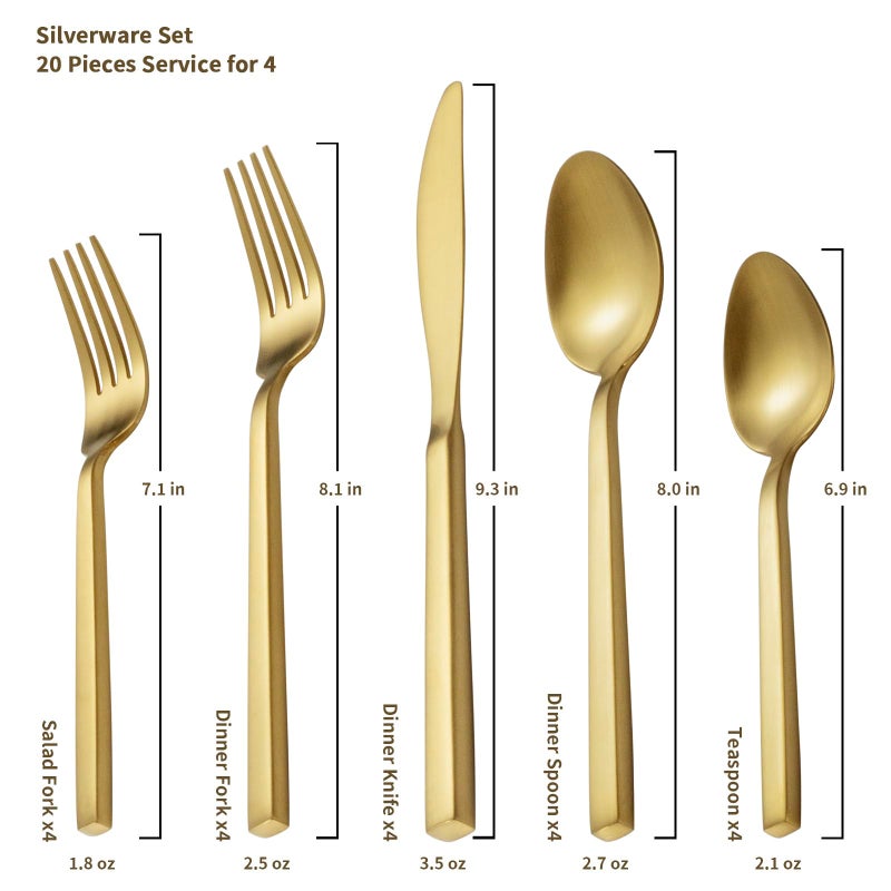 Alata Cube Gold 20-Piece Flatware Set, Forged Cutlery Set, Matte Gold Silverware Service for 4, Stainless Steel Tableware with Square Handle for Home/Restaurant, Dishwasher Safe - Image 2