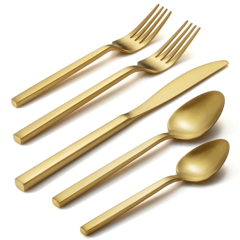 Alata Cube Gold 20-Piece Flatware Set, Forged Cutlery Set, Matte Gold Silverware Service for 4, Stainless Steel Tableware with Square Handle for Home/Restaurant, Dishwasher Safe - Image 1
