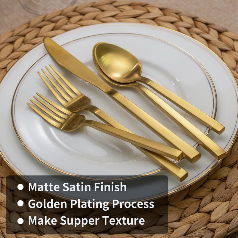 Alata Cube Gold 20-Piece Flatware Set, Forged Cutlery Set, Matte Gold Silverware Service for 4, Stainless Steel Tableware with Square Handle for Home/Restaurant, Dishwasher Safe - Image 5