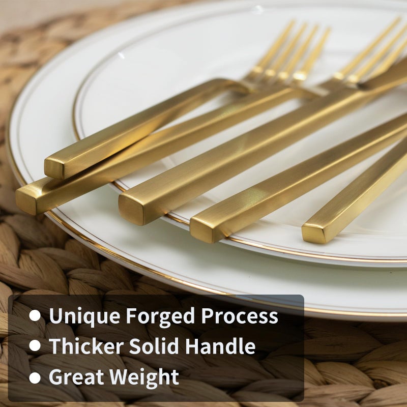 Alata Cube Gold 20-Piece Flatware Set, Forged Cutlery Set, Matte Gold Silverware Service for 4, Stainless Steel Tableware with Square Handle for Home/Restaurant, Dishwasher Safe - Image 4