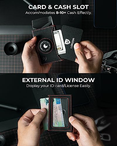 LORZOR Slim Airtag Wallet Pop Up Wallet, Genuine Leather Mens Wallet with Airtag Holder & ID Window, Minimalist RFID Blocking Metal Wallet for Men (Air Tag Not Included) - Image 4