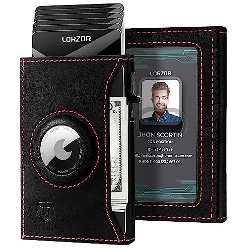 LORZOR Slim Airtag Wallet Pop Up Wallet, Genuine Leather Mens Wallet with Airtag Holder & ID Window, Minimalist RFID Blocking Metal Wallet for Men (Air Tag Not Included) - Image 1