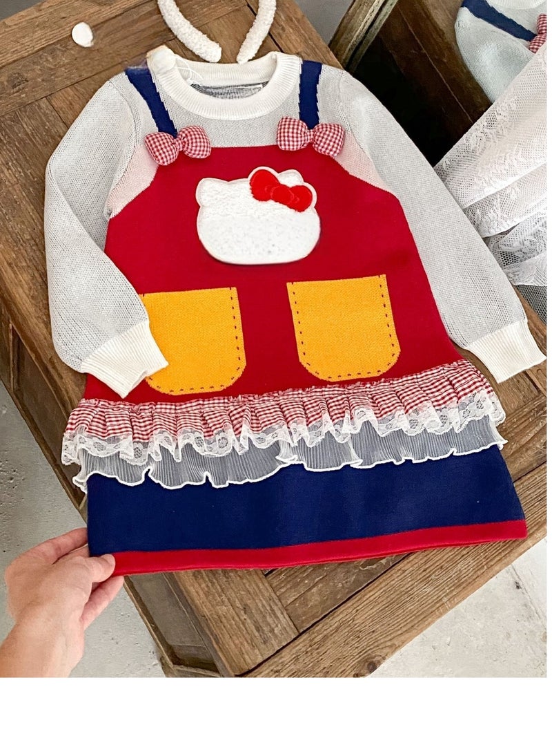 Four Piece Set — Girl Cartoon Fake Two Sweaters Cute Bow Knit Dress, Handbag, Socks, Hair Hoop  - Image 1