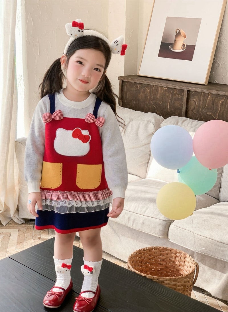 Four Piece Set — Girl Cartoon Fake Two Sweaters Cute Bow Knit Dress, Handbag, Socks, Hair Hoop  - Image 2