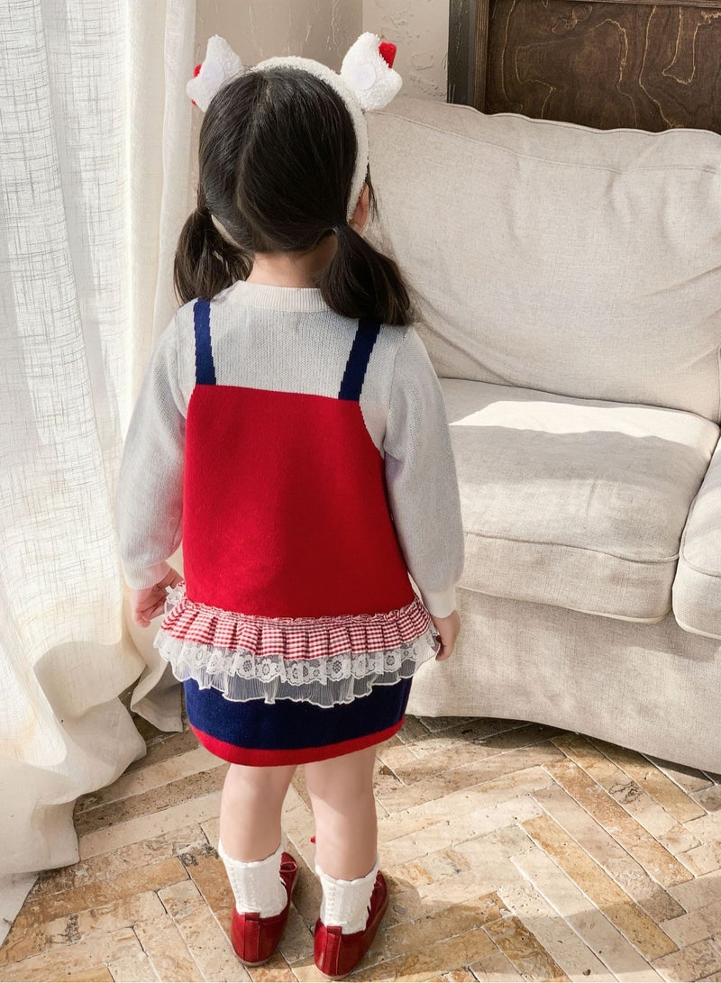 Four Piece Set — Girl Cartoon Fake Two Sweaters Cute Bow Knit Dress, Handbag, Socks, Hair Hoop  - Image 3