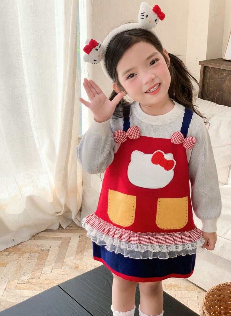 Four Piece Set — Girl Cartoon Fake Two Sweaters Cute Bow Knit Dress, Handbag, Socks, Hair Hoop  - Image 4