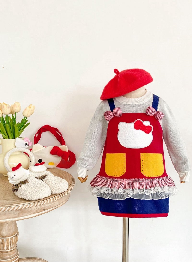 Four Piece Set — Girl Cartoon Fake Two Sweaters Cute Bow Knit Dress, Handbag, Socks, Hair Hoop  - Image 5