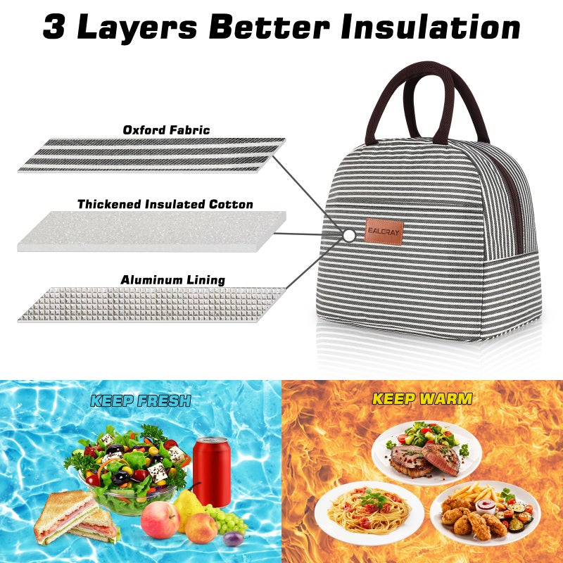 BALORAY Lunch Bag for Women Men Insulated Lunch Box for Adult Reusable Lunch Tote Bag for Work, Picnic or Travel(Black White Stripes) - Image 3