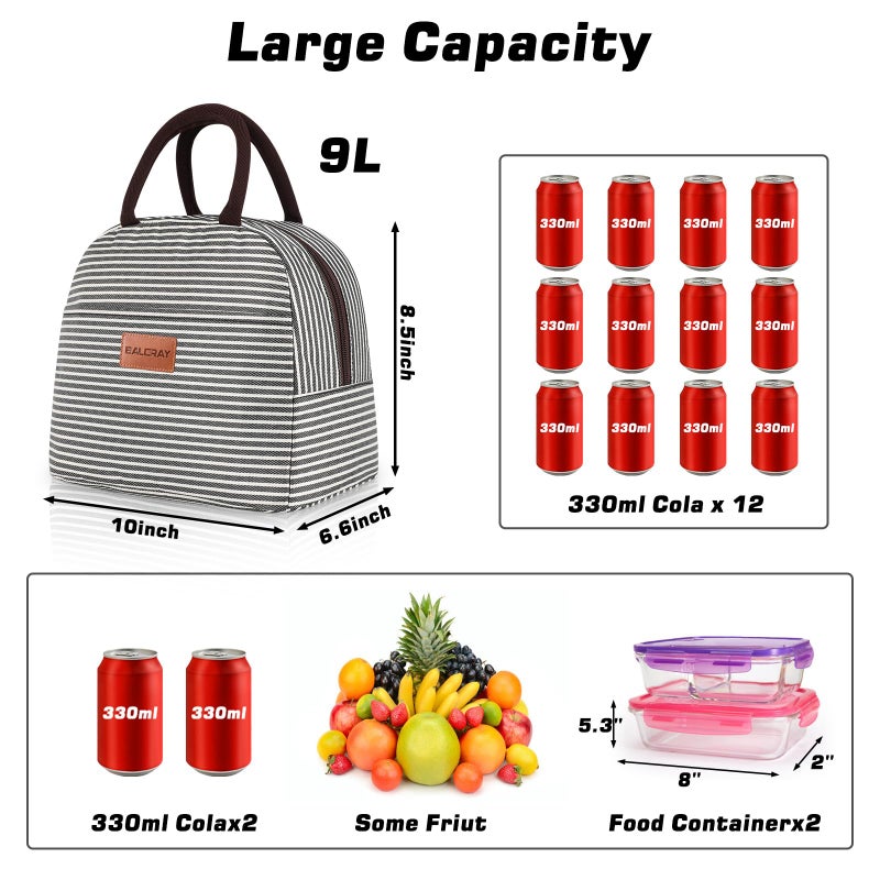 BALORAY Lunch Bag for Women Men Insulated Lunch Box for Adult Reusable Lunch Tote Bag for Work, Picnic or Travel(Black White Stripes) - Image 2