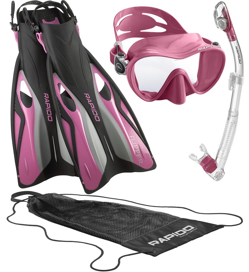 Phantom Aquatics Rapido Boutique Collection Italian Design Premium Tempered Glass Lens Anti-Fog Panoramic View Frameless Snorkel Mask, Elite Dry Snorkel Tube, Quick Adjust Fins - Mask Fin Snorkel Set - Image 1