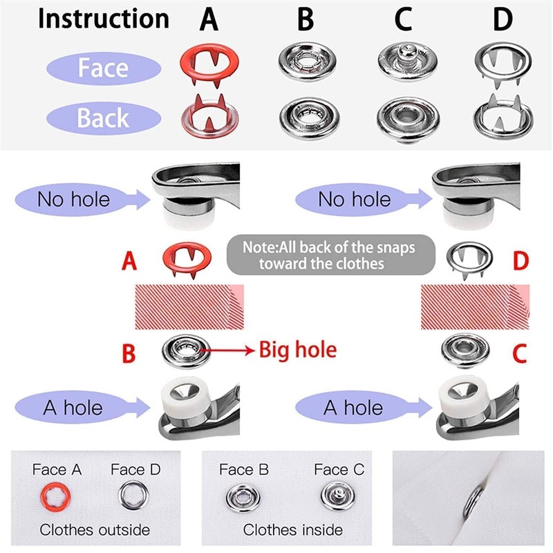 GUPSOM Premium Snap Buttons Kit 95mm Metal Fasteners with Hand Pliers Tool Thickened FiveClaw Buckle for Baby Childrens Clothing Sewing and Crafting Household Machine Press Tool Included100PCS Silver Button 100PCS Color Ring  - Image 4