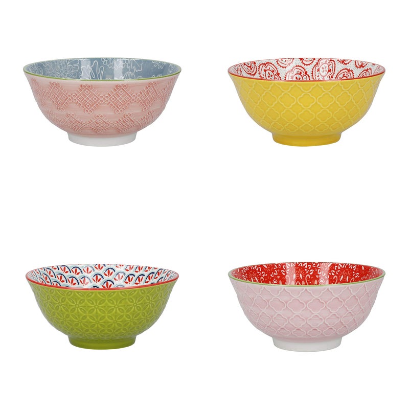 KitchenCraft Patterned Cereal Bowl Set of 4 in Gift Box Ceramic Serving Bowls Ideal for Ice Cream Soup and More Brights Designs 15cm