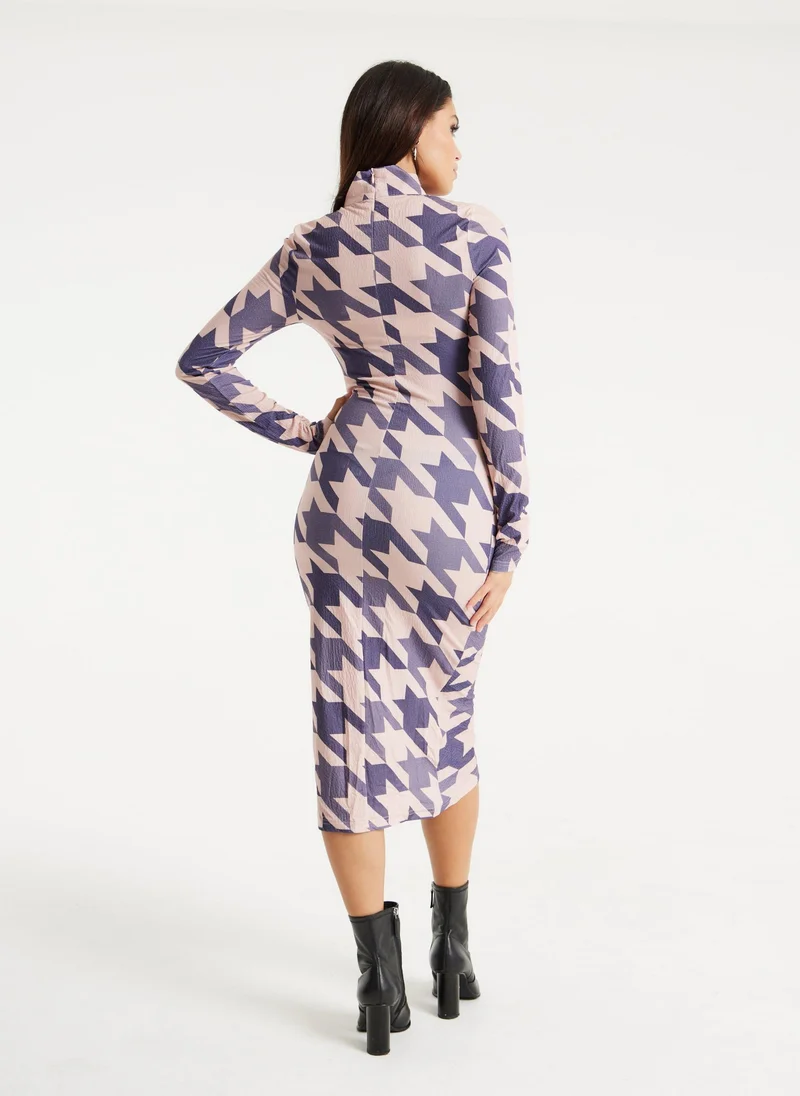 Liquorish  Overscale Houndstooth Print Midi Dress for Women | Best Price UAE