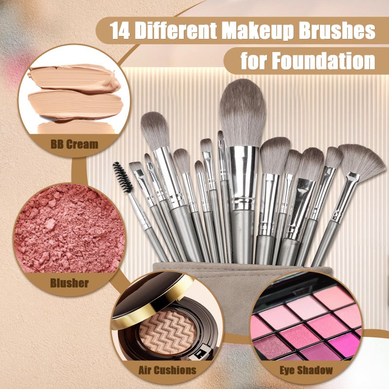 Amrules Makeup Brushes, 14 Pcs Professional Makeup Brush Set, Eye and Face Foundation Brush Set, Eyeshadow Brushes, Cosmetic Brushes, with PU Bag, Grayish - Image 4
