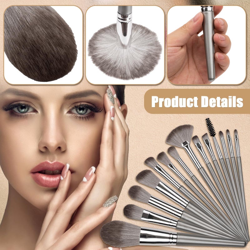 Amrules Makeup Brushes, 14 Pcs Professional Makeup Brush Set, Eye and Face Foundation Brush Set, Eyeshadow Brushes, Cosmetic Brushes, with PU Bag, Grayish - Image 5