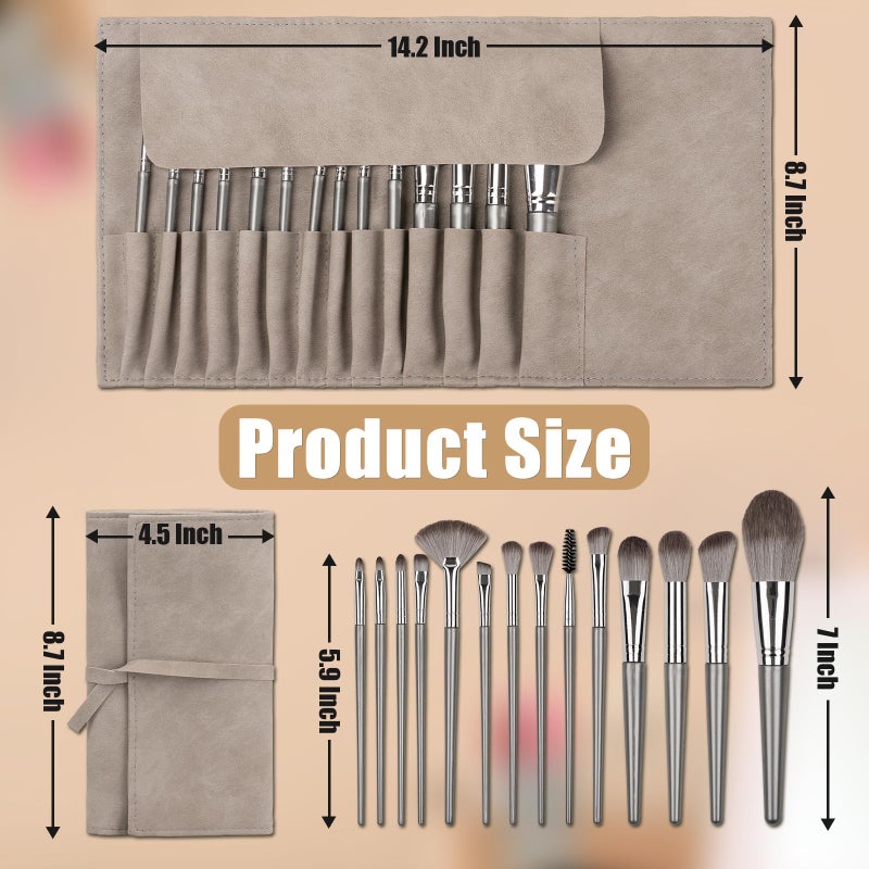 Amrules Makeup Brushes, 14 Pcs Professional Makeup Brush Set, Eye and Face Foundation Brush Set, Eyeshadow Brushes, Cosmetic Brushes, with PU Bag, Grayish - Image 2