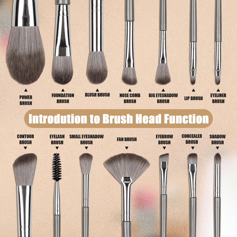 Amrules Makeup Brushes, 14 Pcs Professional Makeup Brush Set, Eye and Face Foundation Brush Set, Eyeshadow Brushes, Cosmetic Brushes, with PU Bag, Grayish - Image 3