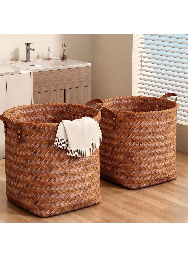 ChenDa Shelf Wicker Storage Basket, 11" x 12" Round Woven Storage Cube Organizer, Faux Rattan Wicker Blanket Basket for Organizing Clothes Toy Laundry Cabinet, 2 Pack, Brown - Image 1